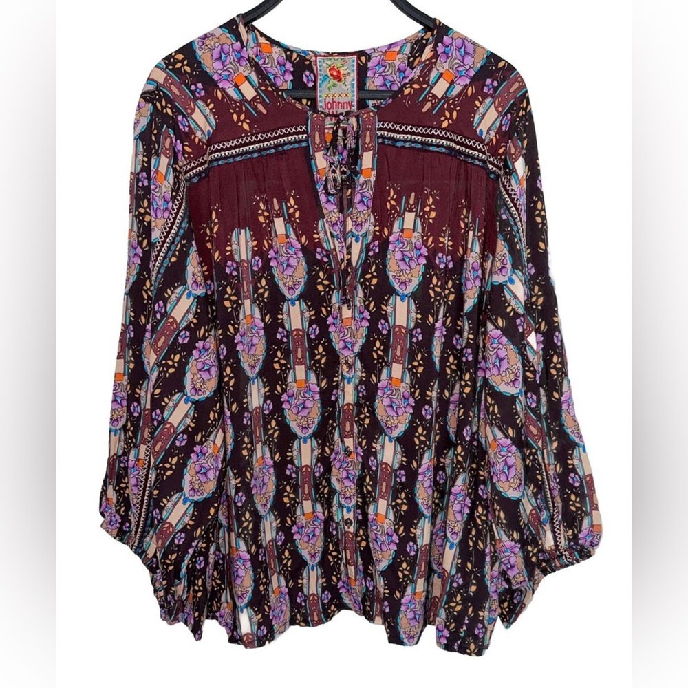 Johnny Was Rocco Blouson Peasant Boho Long Sleeve Shirt Size Medium